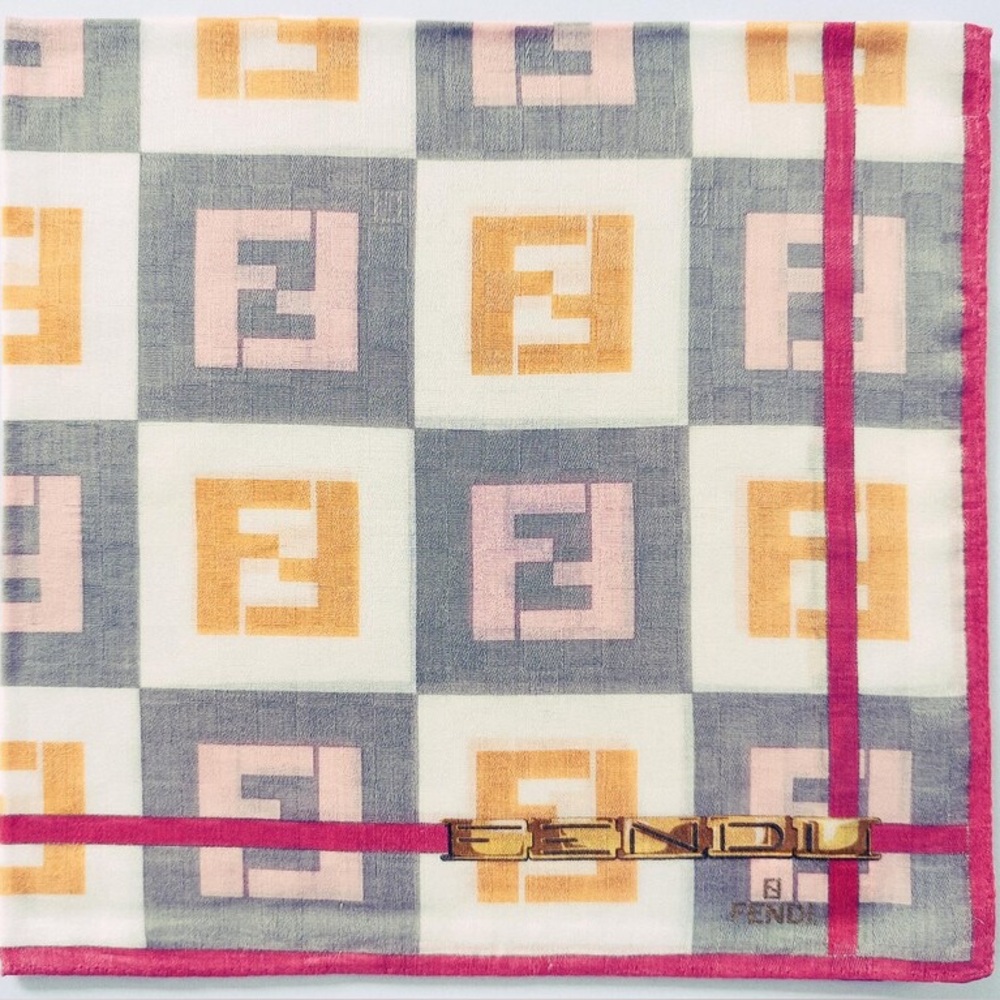 Fendi Pink, Yellow & Gray FF Logo Silk Scarf with Chain Motif